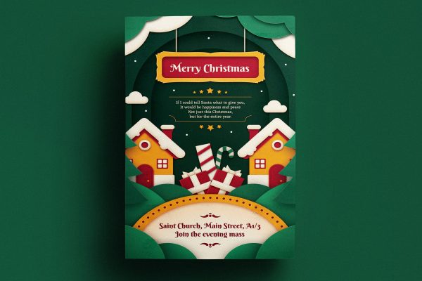 立体剪纸艺术风格圣诞海报传单设计模板v1 Paper Art Christmas Flyer Template