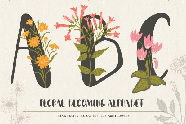 植物花卉装饰英文字母手绘素材 Floral Illustrated Alphabet