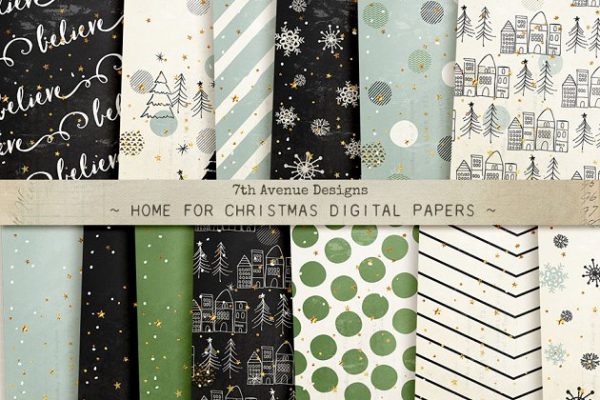 圣诞节元素纸质背景素材 Home for Christmas Digital Papers
